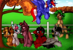 Size: 1792x1244 | Tagged: safe, artist:emilywulfstudios, derpibooru import, oc, oc:ame, oc:cotton sweets, oc:effiorescence, oc:ethan eclipse, oc:lunar bolt, oc:maverick, oc:oulie mareota, alicorn, earth pony, pegasus, pony, unicorn