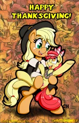 Size: 1280x1978 | Tagged: safe, artist:outofworkderpy, derpibooru import, apple bloom, applejack, earth pony, pony, adorabloom, apple sisters, carrying, clothes, cosplay, costume, cute, female, happy, hat, holiday, jackabetes, leaves, native american, pilgrim, pilgrim hat, pilgrim outfit, siblings, sisters, squaw bloom, thanksgiving