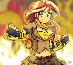 Size: 2284x2048 | Tagged: safe, artist:lordshrekzilla20, derpibooru import, sunset shimmer, equestria girls, anime style, belly button, belt, breasts, cleavage, clothes, cosplay, costume, cutie mark, cutie mark on clothes, ember celica, gauntlet, gloves, jacket, midriff, rwby, scarf, solo, yang xiao long