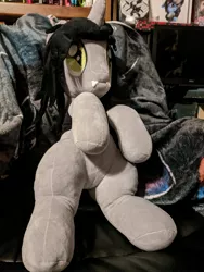Size: 2429x3238 | Tagged: safe, artist:klplushies, derpibooru import, photographer:lightningbolt, oc, ponified, ponified:kellin quinn, pony, unicorn, clothes, commission, disguise, disguised siren, fangs, horn, irl, male, photo, plushie, shirt, sleeping with sirens, slit eyes, solo, stallion, t-shirt