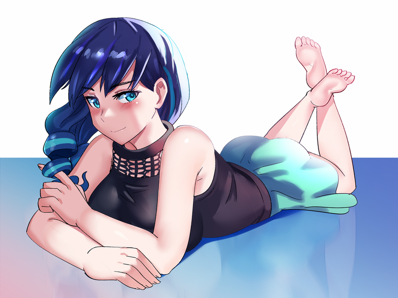 Size: 1280x960 | Tagged: safe, artist:tzc, derpibooru import, coloratura, human, anime, barefoot, beautiful, blushing, breasts, busty coloratura, clothes, dress, feet, female, humanized, looking at you, pretty, rara, skirt, sleeveless, soles, solo, the pose