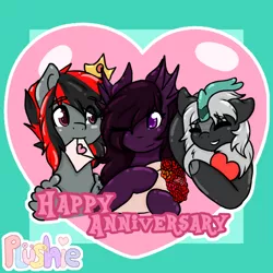 Size: 2100x2100 | Tagged: safe, artist:pastel-pony-princess, derpibooru import, oc, oc:abyssal hart, oc:akasa, oc:serendypity, unofficial characters only, kirin, original species, pegasus, pony, anniversary, bust, envelope, heart, hoof hold, kirin oc, mouth hold, trio