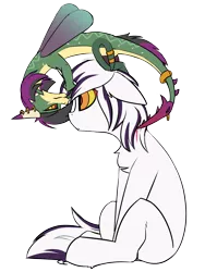 Size: 1668x2220 | Tagged: safe, artist:beardie, derpibooru import, oc, oc:escalation, oc:yiazmat, unofficial characters only, draconequus, pony, unicorn, blood, draconequus oc, female, horn, hypnosis, male, simple background, sting, stinger, transparent background, unicorn oc