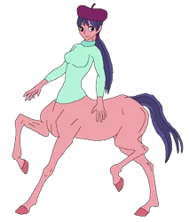 Size: 754x886 | Tagged: safe, artist:cdproductions66, artist:nypd, derpibooru import, raspberry beret, anthro, centaur, monster girl, base used, beauty mark, beret, bottomless, breasts, centaurified, clothes, female, hat, hooves, human head, long sleeves, medium breasts, method mares, missing cutie mark, partial nudity, ponytail, purple eyes, purple hair, raised hoof, raised hooves, simple background, solo, sweater, transparent background, turtleneck, two toned hair, two toned tail