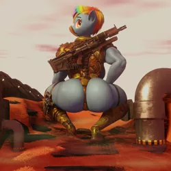 Size: 2500x2500 | Tagged: 3d, anthro, armor, artist:more-useless-source, breasts, busty rainbow dash, butt, clothes, cosplay, costume, derpibooru import, doom, doom slayer, gun, large butt, mask, no tail, rainbow dash, rainbutt dash, rifle, sfm pony, solo, suggestive, unconvincing armor, weapon