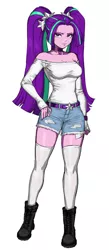 Size: 588x1352 | Tagged: safe, artist:nairdags, derpibooru import, aria blaze, equestria girls, annoyed, bare shoulders, boots, bracelet, breasts, busty aria blaze, choker, cleavage, clothes, collar, combat boots, daisy dukes, denim shorts, eyelashes, eyeshadow, frown, hair tie, jewelry, legs, looking at you, makeup, narrowed eyes, off shoulder, pants, pigtails, ring, ripped pants, sexy, shoes, shorts, shoulderless, shoulderless shirt, simple background, socks, stockings, stupid sexy aria blaze, thigh highs, thighs, torn clothes, twintails, white background