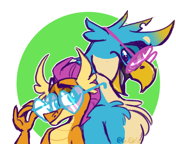 Size: 1079x885 | Tagged: safe, artist:g-elric, derpibooru import, gallus, smolder, dragon, gryphon, female, heart glasses, male, shipping, smollus, straight, sunglasses