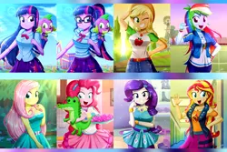 Size: 2880x1920 | Tagged: safe, artist:the-butch-x, derpibooru import, edit, applejack, fluttershy, gummy, pinkie pie, rainbow dash, rarity, sci-twi, spike, spike the regular dog, sunset shimmer, twilight sparkle, alligator, dog, equestria girls, equestria girls series, the craft of cookies, spoiler:eqg series (season 2), applejack's hat, backpack, beautiful, belt, bleachers, blonde hair, blue eyes, boots, bowtie, bracelet, breasts, busty applejack, busty fluttershy, busty pinkie pie, busty rarity, busty sci-twi, busty sunset shimmer, busty twilight sparkle, candy, canterlot high, clothes, collar, confident, cookie, cowboy hat, cute, cutie mark, cutie mark on clothes, dashabetes, denim skirt, diapinkes, dress, fashionista, female, fence, food, forest, freckles, geode of empathy, geode of fauna, geode of shielding, geode of sugar bombs, geode of super speed, geode of super strength, geode of telekinesis, glasses, green eyes, grin, gummybetes, hairpin, hallway, hand on hip, happy, hat, headband, heart, high heels, hoodie, humane five, humane seven, humane six, jackabetes, jacket, jar, jewelry, kitchen, leather, leather jacket, leggings, lockers, looking at you, magical geodes, male, multicolored hair, necklace, one eye closed, open mouth, open smile, outdoors, pink hair, plushie, ponytail, purple eyes, purple hair, rainbow hair, raribetes, rarity peplum dress, red eyes, red hair, redraw, rework, shimmerbetes, shirt, shoes, shyabetes, signature, skirt, sleeveless, sleeveless dress, smiling, smiling at you, soccer field, spikabetes, spike the dog, sun, sunset, sweat, sweatdrop, sweatdrops, t-shirt, tanktop, the-butch-x is trying to murder us, tray, tree, twiabetes, vest, wall of tags, waving, windmill, wink, winking at you, wristband, yellow hair