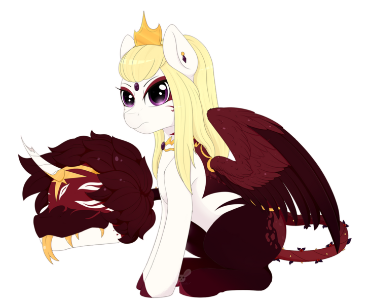 Size: 1024x842 | Tagged: safe, artist:nekoremilia1, derpibooru import, oc, oc:carmilla and justice, unofficial characters only, original species, pegasus, pony, primal plant pony, augmented tail, broken horn, crown, female, horn, jewelry, regalia, simple background, solo, transparent background
