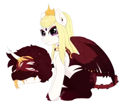 Size: 1024x842 | Tagged: safe, artist:nekoremilia1, derpibooru import, oc, oc:carmilla and justice, unofficial characters only, original species, pegasus, pony, primal plant pony, augmented tail, broken horn, crown, female, horn, jewelry, regalia, simple background, solo, transparent background