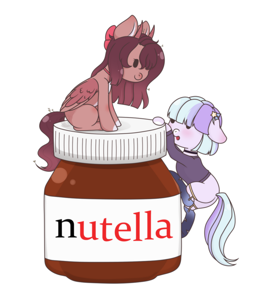 Size: 1024x1141 | Tagged: safe, artist:nekoremilia1, derpibooru import, earth pony, pegasus, pony, bow, chibi, clothes, food, horn, nutella, product placement, simple background, socks, stockings, thigh highs, transparent background