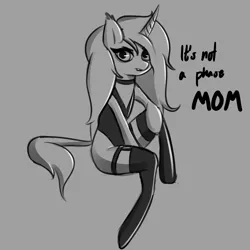 Size: 2000x2000 | Tagged: safe, artist:plaguemare, derpibooru import, oc, oc:cornelia zante vandelia, unofficial characters only, pony, unicorn, choker, clothes, dialogue, doodle, eyeliner, female, goth, gothic, leotard, long hair, makeup, mare, monochrome, simple background, sitting, sketch, socks, solo, thigh garters, thigh highs