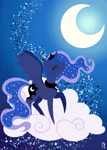 Size: 2000x2800 | Tagged: safe, artist:dawn-designs-art, derpibooru import, princess luna, alicorn, pony, abstract, abstract art, abstract background, cloud, commissions open, crescent moon, eyes closed, female, happy, lineless, mare, modern art, moon, pointy ponies, solo