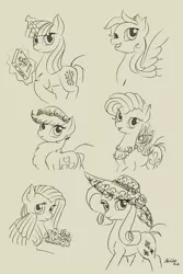 Size: 572x855 | Tagged: safe, artist:nevillerob, derpibooru import, applejack, fluttershy, pinkie pie, rainbow dash, rarity, twilight sparkle, earth pony, pegasus, pony, unicorn, alternate hairstyle, book, female, floral head wreath, flower, flower necklace, hat, levitation, magic, mane six, mare, monochrome, sketch, telekinesis, unicorn twilight