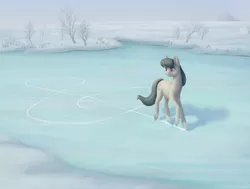 Size: 1100x830 | Tagged: safe, artist:nevillerob, derpibooru import, octavia melody, earth pony, pony, female, frozen lake, ice, ice skates, ice skating, mare, snow, solo, treble clef