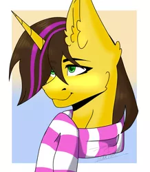 Size: 1671x1917 | Tagged: safe, artist:teafox, derpibooru import, oc, oc:joshua weedminster, pony, unicorn, bust, clothes, horn, portrait, scarf, solo, unicorn oc