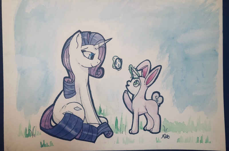 Size: 4024x2656 | Tagged: safe, artist:globug100art, derpibooru import, rarity, sweetie belle, pony, unicorn, animal costume, bunny costume, clothes, costume, duo, easter egg, female, filly, magic, mare, rarity's cutie mark, sibling love, sisterly love, sweetie belle's magic brings a great big smile, telekinesis, traditional art