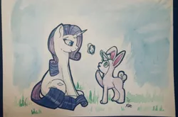Size: 4024x2656 | Tagged: safe, artist:globug100art, derpibooru import, rarity, sweetie belle, pony, unicorn, animal costume, bunny costume, clothes, costume, duo, easter egg, female, filly, magic, mare, rarity's cutie mark, sibling love, sisterly love, sweetie belle's magic brings a great big smile, telekinesis, traditional art