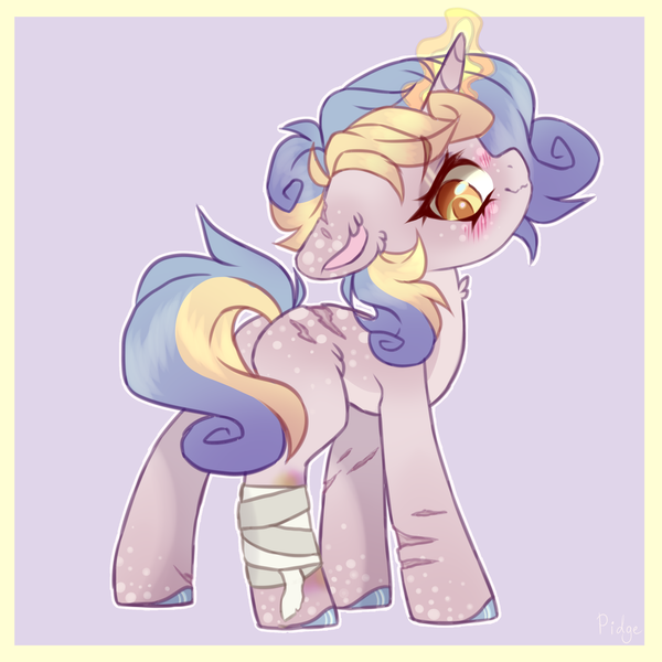 Size: 3000x3000 | Tagged: safe, artist:_spacemonkeyz_, derpibooru import, oc, oc:sugar stars, pony, unicorn, bandage, blushing, bruised, colored pinnae, magic, markings, pale belly, scar, sketch, solo, standing