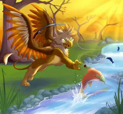 Size: 2048x1890 | Tagged: safe, artist:ribbontini, derpibooru import, oc, oc:ember burd, unofficial characters only, fish, gryphon, salmon, angry, bobber, claws, colored wings, eared griffon, fishing, fishing rod, gradient wings, griffon oc, lunging, male, outstretched arm, river, solo, spread wings, stream, talons, wings
