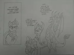 Size: 2592x1944 | Tagged: safe, artist:princebluemoon3, derpibooru import, princess ember, smolder, spike, twilight sparkle, alicorn, dragon, pony, grayscale, monochrome, right to left, sequence, sketch, this will end in inflation, traditional art