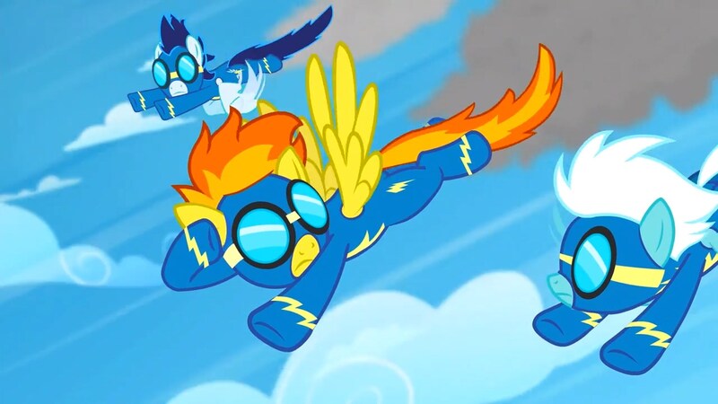 Size: 1280x720 | Tagged: safe, derpibooru import, screencap, fleetfoot, soarin', spitfire, pegasus, pony, newbie dash, clothes, female, flying, goggles, male, mare, stallion, uniform, wonderbolts, wonderbolts uniform