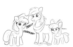Size: 2241x1440 | Tagged: safe, artist:tjpones, derpibooru import, apple bloom, applejack, big macintosh, earth pony, pony, :p, apple siblings, apple sisters, brother and sister, female, male, mare, monochrome, pbbtt, raspberry, siblings, silly, silly pony, simple background, sisters, stallion, tongue out, trio, white background, who's a silly pony
