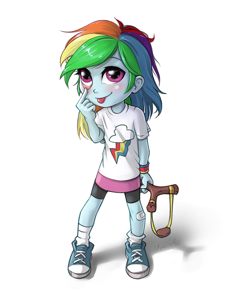 Size: 860x1080 | Tagged: safe, artist:vyazinrei, derpibooru import, rainbow dash, pony, equestria girls, :p, bandaid, clothes, converse, cute, dashabetes, eyelid pull, female, filly, filly rainbow dash, looking at you, shoes, simple background, slingshot, solo, tongue out, younger