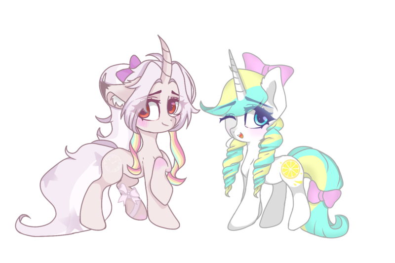 Size: 1800x1200 | Tagged: safe, artist:memengla, derpibooru import, oc, oc:memengla, unofficial characters only, pony, unicorn, derpibooru community collaboration, 2021 community collab, blushing, curved horn, duo, female, horn, mare, one eye closed, ribbon, simple background, transparent background, wink