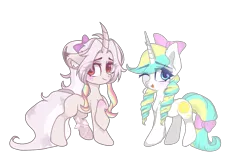 Size: 1800x1200 | Tagged: safe, artist:memengla, derpibooru import, oc, oc:memengla, unofficial characters only, pony, unicorn, derpibooru community collaboration, 2021 community collab, blushing, curved horn, duo, female, horn, mare, one eye closed, ribbon, simple background, transparent background, wink