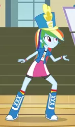 Size: 498x849 | Tagged: safe, derpibooru import, screencap, rainbow dash, equestria girls, friendship games, boots, bracelet, chs rally song, clothes, female, hat, jewelry, shoes, skirt, smiling, socks, solo, wristband