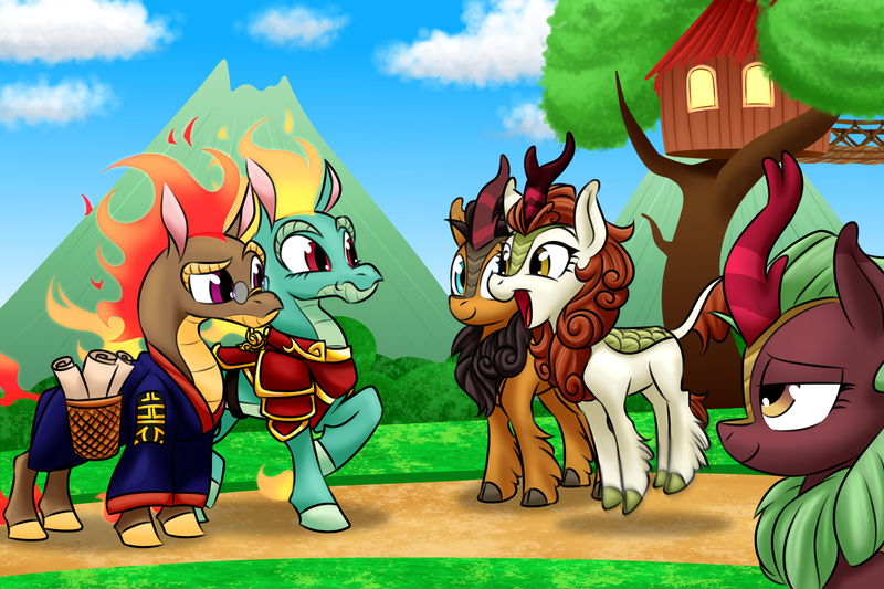 Size: 1800x1200 | Tagged: safe, artist:redahfuhrerking, derpibooru import, autumn blaze, cinder glow, pumpkin smoke, summer flare, tianhuo, dragon, hybrid, kirin, longma, them's fightin' herds, background kirin, bridge, cloven hooves, community related, crossover, excited, female, glasses, grass, jumping, male, pronking, scroll, treehouse