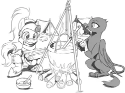 Size: 1545x1158 | Tagged: safe, artist:nauyaco, derpibooru import, oc, unofficial characters only, gryphon, pony, armor, campfire, cauldron, fire, grayscale, monochrome, tent, wood