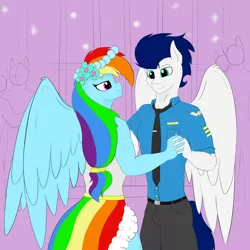 Size: 3000x3000 | Tagged: safe, artist:astrum, derpibooru import, rainbow dash, soarin', anthro, pegasus, a canterlot wedding, belt, bridesmaid dress, clothes, dancing, digital art, dress, dress shirt, duo, female, holding hands, image, lidded eyes, looking down, looking up, male, necktie, pants, png, request, requested art, romantic, shipping, shirt, smiling, soarindash, straight, uniform, waltz, wings, wonderbolts dress uniform