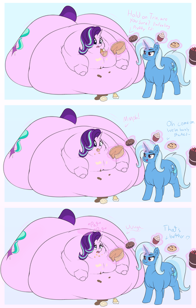 Size: 3960x6229 | Tagged: questionable, artist:czu, derpibooru import, starlight glimmer, trixie, pony, unicorn, abstract background, absurd resolution, belly, big belly, bingo wings, blob, butt, cake, chubby, chubby trixie, comic, cupcake, donut, duo, duo female, ear fluff, eye clipping through hair, fat, feeding, female, flabby chest, food, glowing horn, horn, huge belly, huge butt, immobile, impossibly large belly, impossibly large butt, impossibly large everything, impossibly obese, large butt, levitation, magic, morbidly obese, neck roll, obese, patting, pie, pumpkin pie, rolls of fat, slob, starlard glimmer, stuffed, stuffing, telekinesis, text, the great and bountiful trixie, weight gain