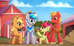 Size: 3616x2252 | Tagged: safe, artist:av-4, artist:avastin4, derpibooru import, apple bloom, applejack, big macintosh, oc, oc:hawker hurricane, earth pony, pegasus, pony, flower pot, self insert, tree