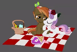 Size: 800x538 | Tagged: safe, artist:definitelynotme, artist:lockerobster, derpibooru import, edit, button mash, sweetie belle, earth pony, pony, unicorn, 1000 hours in ms paint, apple cider, colt, female, filly, hat, male, picnic, propeller hat, romance, shipping, straight, sweetiemash