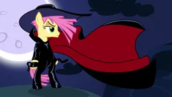 Size: 3433x1931 | Tagged: safe, artist:badumsquish, derpibooru import, li'l cheese, earth pony, pony, the last problem, alternate hairstyle, bipedal, cape, clothes, crossdressing, cybersix, frown, full moon, girly, hat, leather, leather gloves, makeup, male, moon, older, older li'l cheese, rooftop, show accurate, solo, stallion, standing, trap