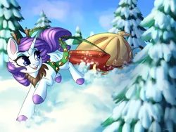 Size: 4000x3000 | Tagged: safe, artist:faline-art, derpibooru import, rarity, pony, unicorn, antlers, bells, female, hearth's warming eve, looking back, mare, pine tree, pulling, sleigh, smiling, solo, tree