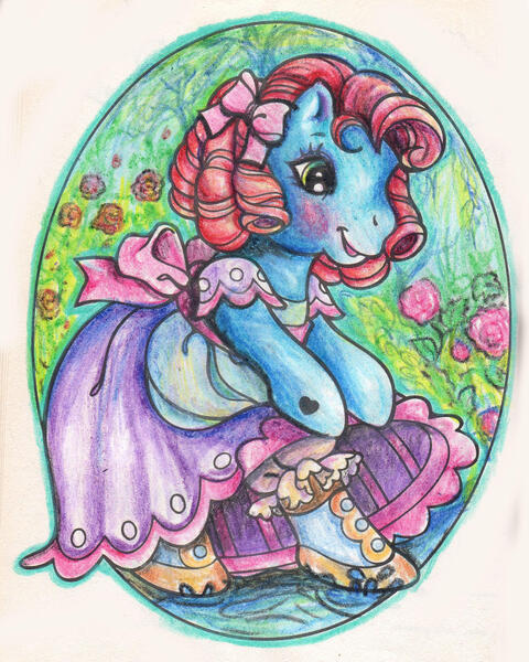 Size: 1540x1925 | Tagged: safe, artist:sharkledog, derpibooru import, oc, unofficial characters only, earth pony, pony, bipedal, blushing, clothes, dress, earth pony oc, g3, lipstick, solo, traditional art