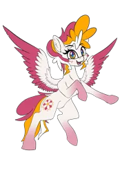 Size: 1029x1455 | Tagged: safe, artist:calena, derpibooru import, oc, oc:opalescent, unofficial characters only, pegasus, pony, derpibooru community collaboration, 2021 community collab, adorable face, colored wings, cute, female, freckles, looking at you, mare, multicolored wings, open mouth, simple background, smiling, solo, spread wings, transparent background, wings