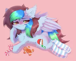 Size: 1962x1596 | Tagged: safe, artist:astralblues, derpibooru import, oc, oc:kiru, unofficial characters only, pegasus, pony, candy, chest fluff, clothes, cookie, cute, ear fluff, female, fluffy, food, hoof fluff, leg fluff, lying down, mare, shy, socks, solo, striped socks, wings
