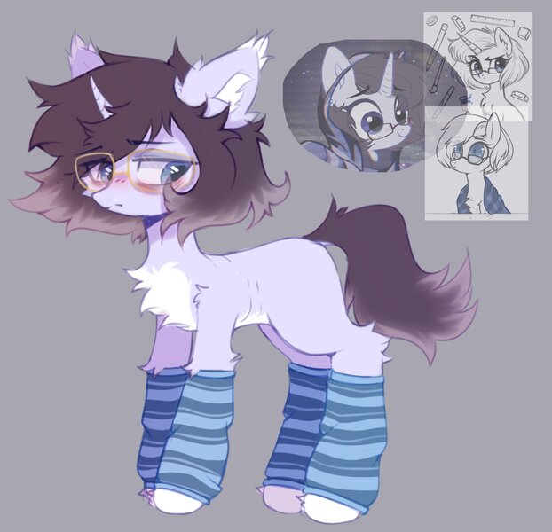 Size: 1773x1709 | Tagged: safe, artist:astralblues, derpibooru import, oc, unofficial characters only, pony, unicorn, averted gaze, bags under eyes, blushing, chest fluff, clothes, ear fluff, fluffy, glasses, hoof fluff, leg fluff, leg warmers, pale belly, ponysona, shy, skinny