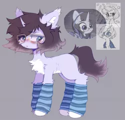 Size: 1773x1709 | Tagged: safe, artist:astralblues, derpibooru import, oc, unofficial characters only, pony, unicorn, averted gaze, bags under eyes, blushing, chest fluff, clothes, ear fluff, fluffy, glasses, hoof fluff, leg fluff, leg warmers, pale belly, ponysona, shy, skinny