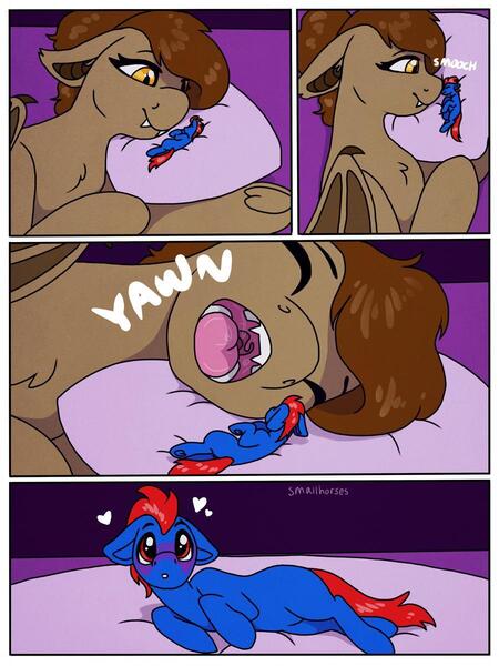 Size: 900x1200 | Tagged: questionable, artist:smallhorses, derpibooru import, oc, oc:foxidro, oc:yan, bat pony, earth pony, pony, blushing, comic, commission, drool, drool string, esophagus, female, giantess, gt, gullet, heart, imminent vore, macro, maw, mawshot, micro, open mouth, oral invitation, saliva puddle, salivating, slimy, soft vore, taste buds, uvula, vore