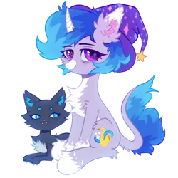 Size: 1200x1200 | Tagged: safe, artist:astralblues, derpibooru import, oc, oc:astral blues, unofficial characters only, cat, pony, unicorn, derpibooru community collaboration, 2021 community collab, chest fluff, curved horn, ear fluff, female, fluffy, hat, hoof fluff, horn, leg fluff, leonine tail, looking at you, mare, pale belly, pet, purple eyes, simple background, sitting, transparent background