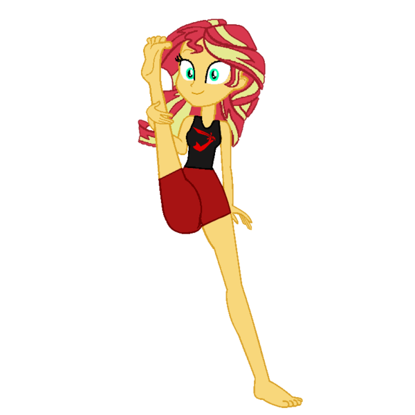 Size: 768x768 | Tagged: safe, artist:felix lynn, derpibooru import, sunset shimmer, equestria girls, barefoot, feet, image, png, simple background, solo, standing splits, transparent background, vertical split