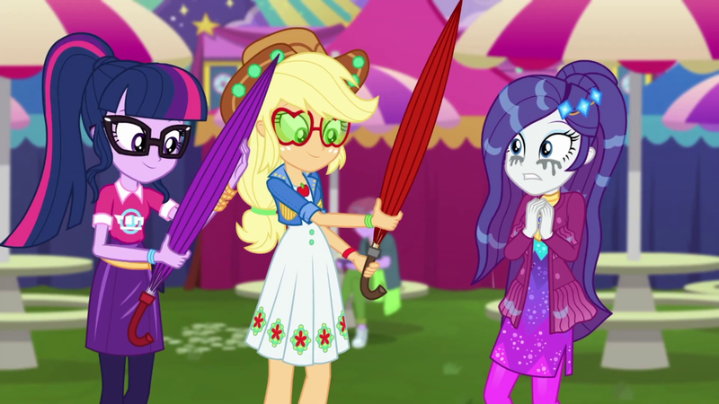 Size: 1920x1080 | Tagged: safe, derpibooru import, screencap, applejack, rarity, sci-twi, twilight sparkle, equestria girls, equestria girls series, inclement leather, spoiler:eqg series (season 2), inclement leather: vignette valencia, umbrella