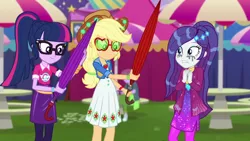 Size: 1920x1080 | Tagged: safe, derpibooru import, screencap, applejack, rarity, sci-twi, twilight sparkle, equestria girls, equestria girls series, inclement leather, spoiler:eqg series (season 2), inclement leather: vignette valencia, umbrella