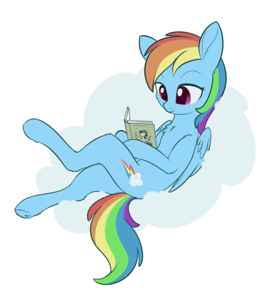 Size: 942x1002 | Tagged: safe, artist:dusthiel, derpibooru import, rainbow dash, pegasus, pony, book, cheek fluff, chest fluff, cloud, daring do books, ear fluff, female, leg fluff, mare, on a cloud, reading, solo